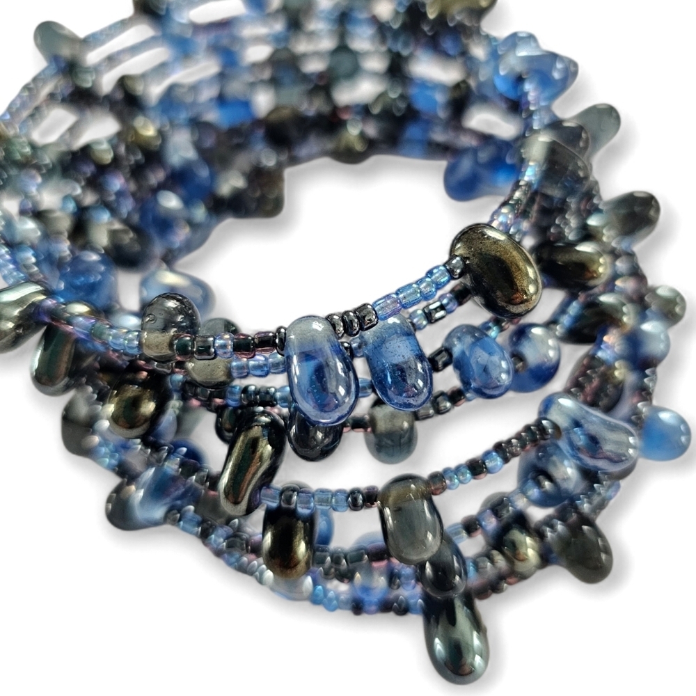 Blue Crystal Beaded Coil Wrap Bracelet, 8-Layer Glass Seed Bead Boho Jewelry - Picture 3 of 3